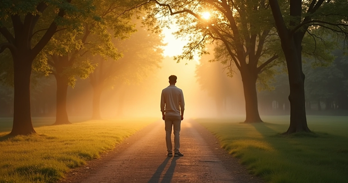 Pessoa parada diante de duas trilhas em parque ao amanhecer 