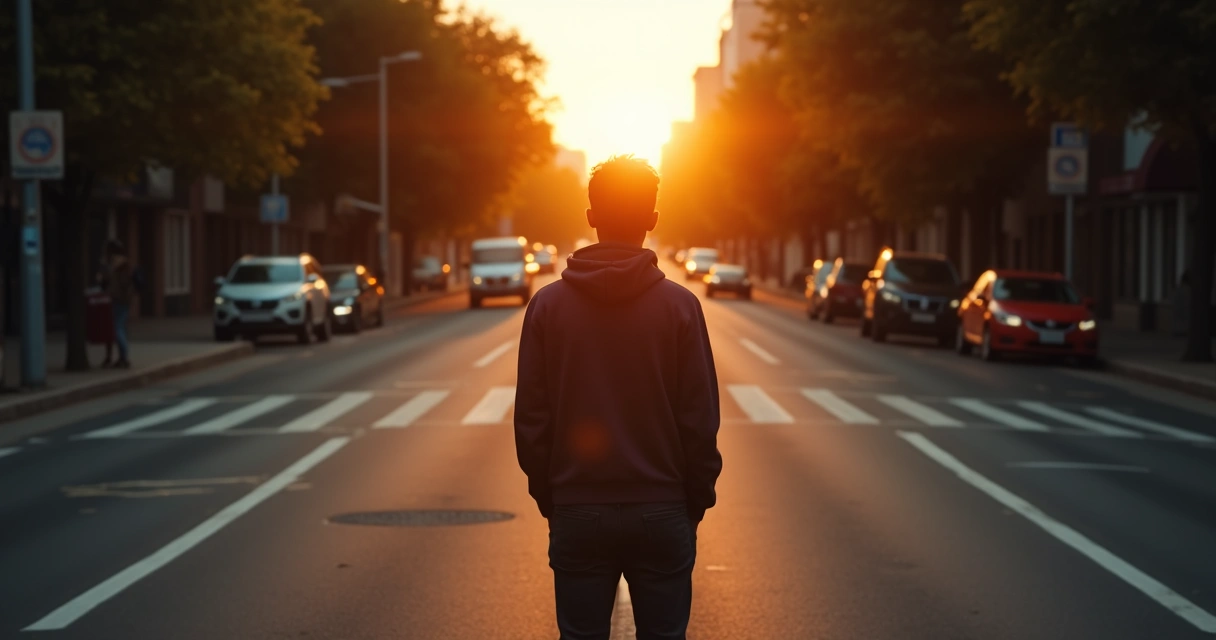 Pessoa diante de dois caminhos em ambiente urbano calmo