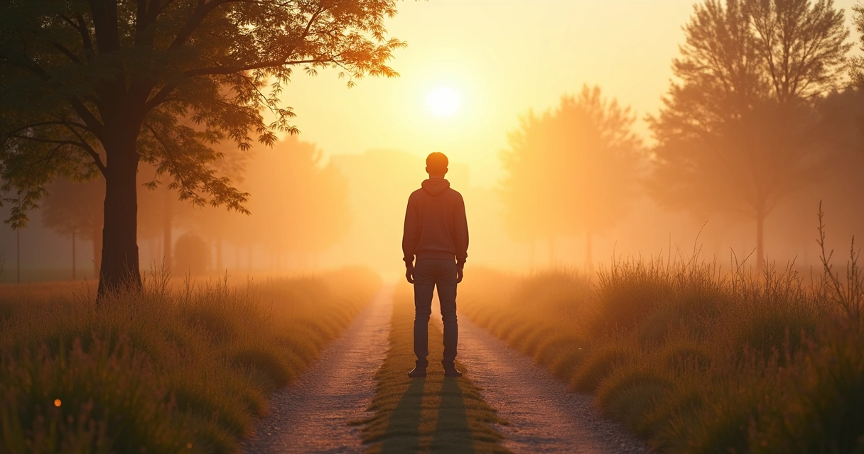 Pessoa diante de caminho dividido ao amanhecer