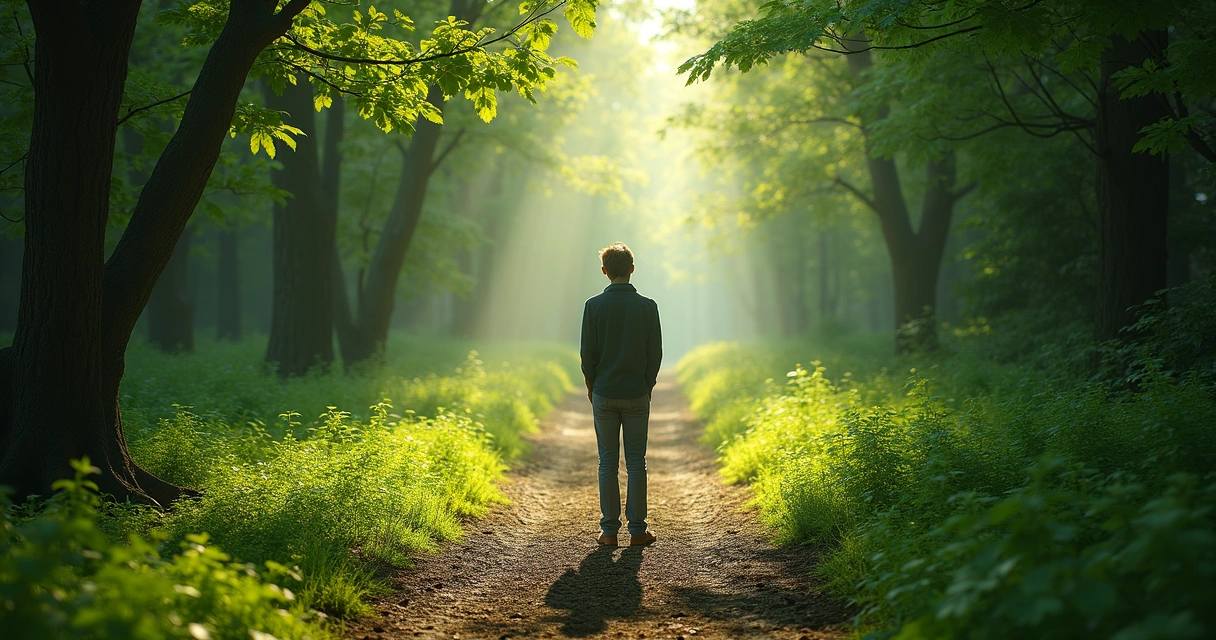 Pessoa diante de duas trilhas em um bosque verde, decisão a tomar