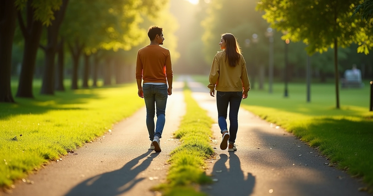 Caminho separado em dois, pessoa em cada trecho andando com confiança