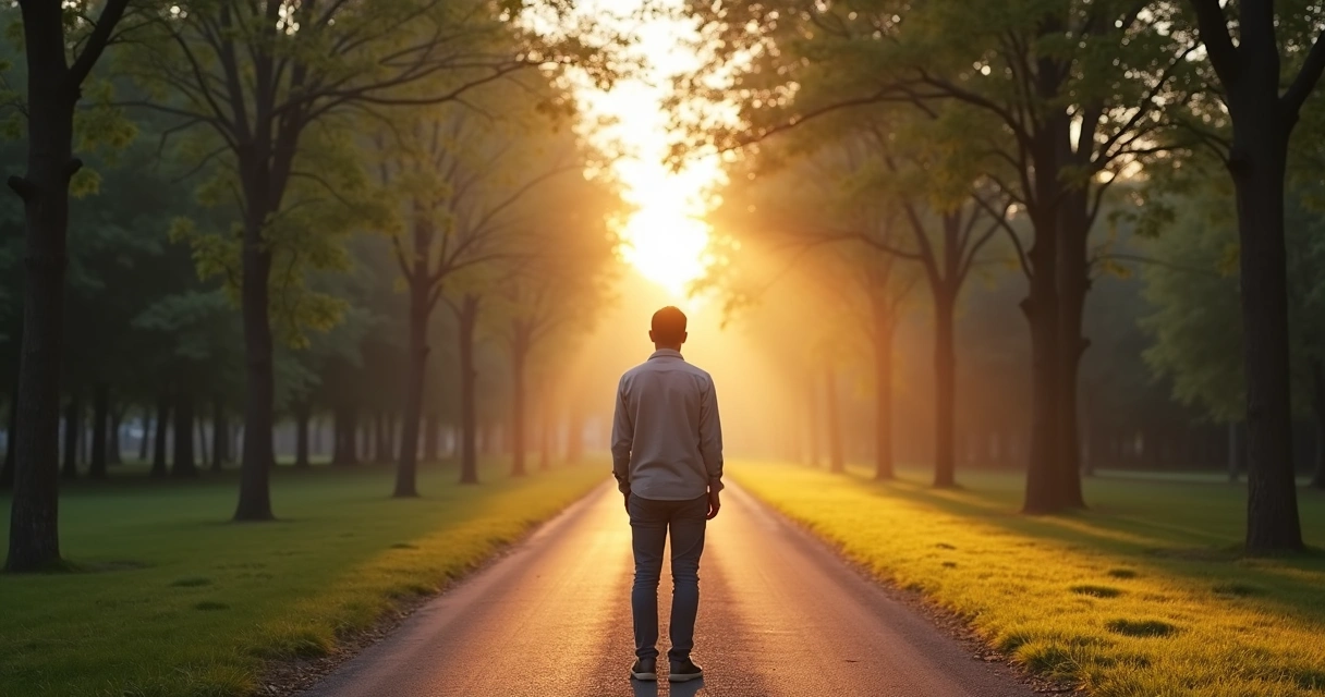 Pessoa parada diante de dois caminhos em parque ao amanhecer