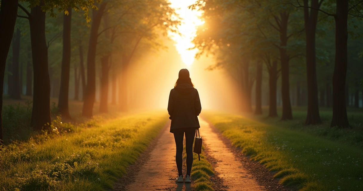 Pessoa diante de duas trilhas em parque ao amanhecer