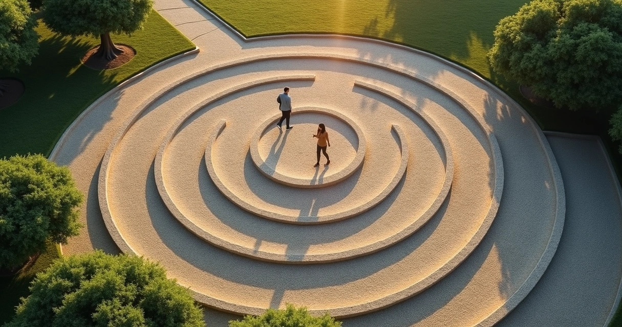 Trilha em espiral vista de cima em jardim de pedras