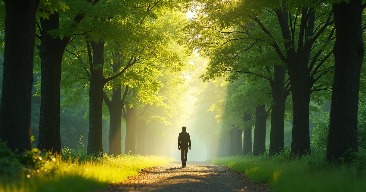 Pessoa caminhando entre árvores, simbolizando escolhas e reflexões.