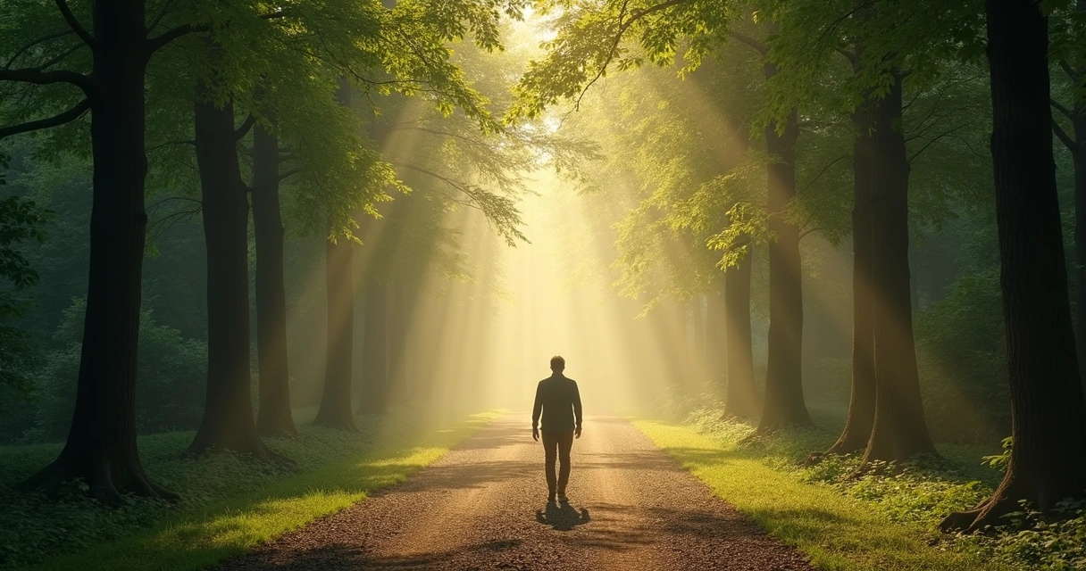Pessoa caminhando entre luz e sombra em trilha serena 