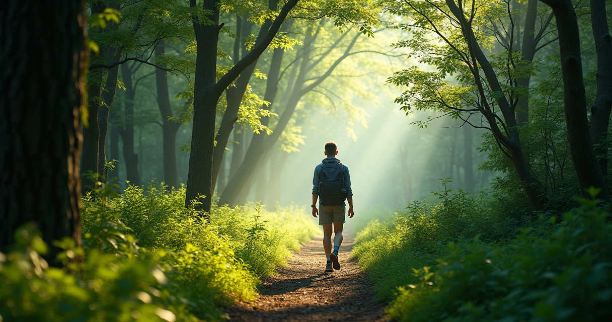 Pessoa caminhando em trilha de floresta, luz suave e expressão de serenidade, atmosfera equilibrada 