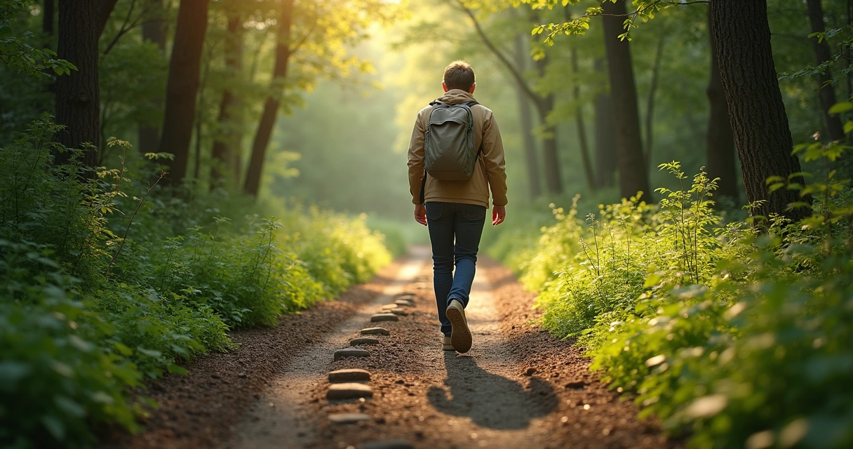 Pessoa caminhando em trilha com dois ritmos marcados 