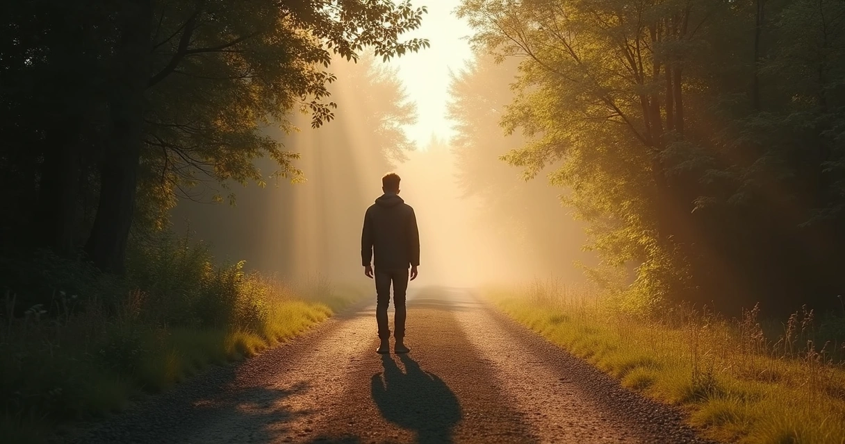 Pessoa diante de dois caminhos em ambiente de reflexão 