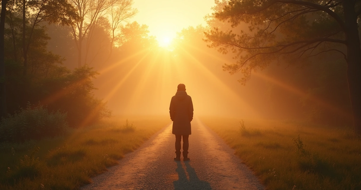 Pessoa parada diante de dois caminhos em ambiente natural ao amanhecer