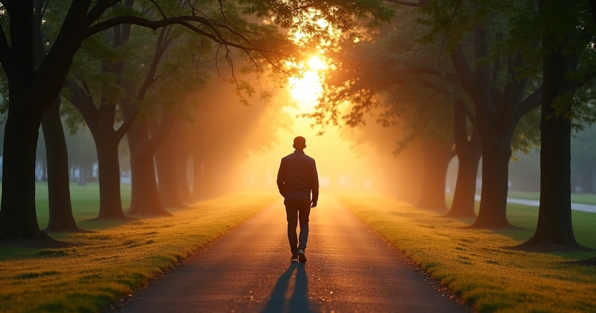 Pessoa caminhando por trilha bifurcada em parque ao amanhecer 