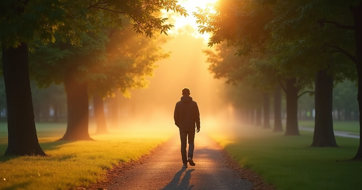 Pessoa caminhando por trilha dividida em parque ao amanhecer 