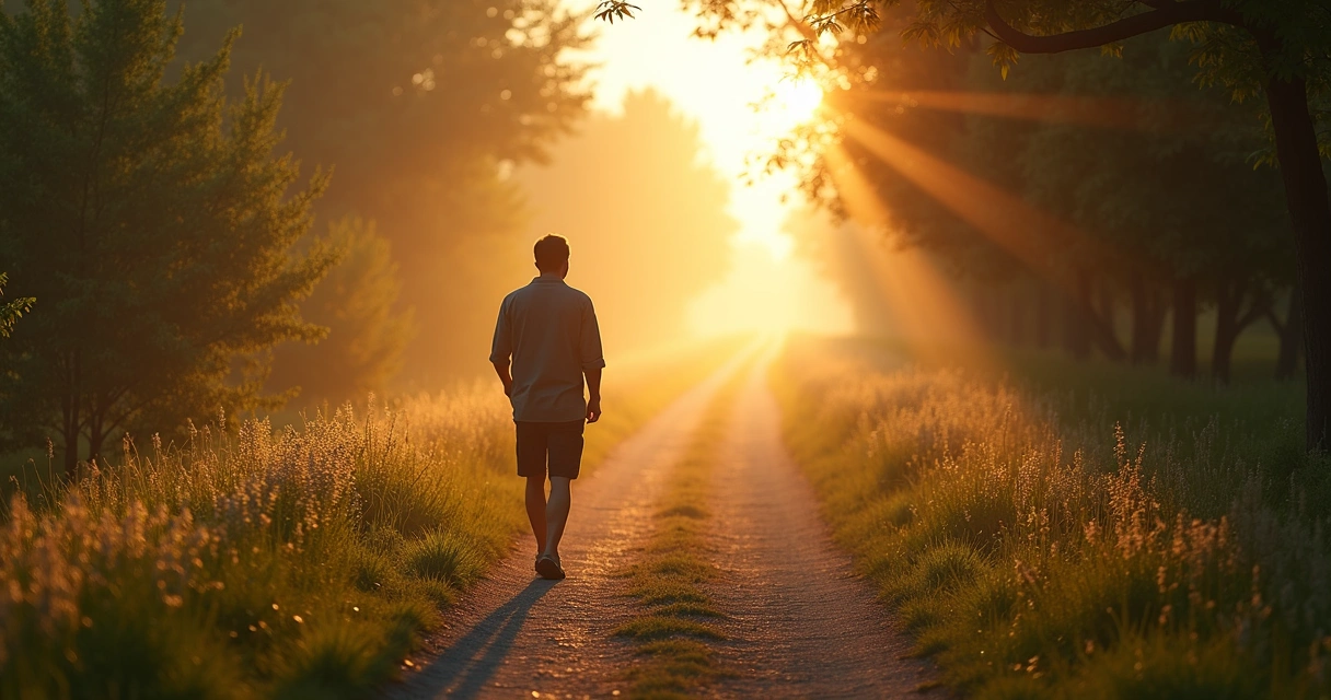 Pessoa caminhando por trilha iluminada ao amanhecer 