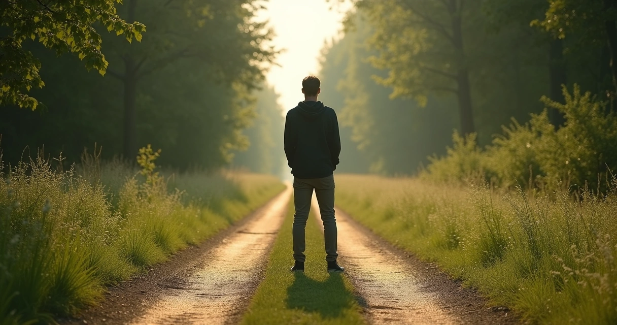 Pessoa em uma bifurcação de estrada, escolhendo caminho 