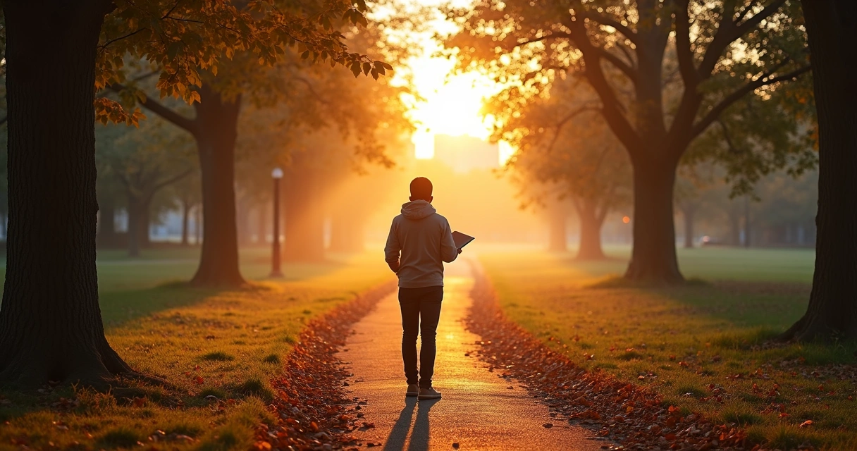 Pessoa diante de dois caminhos em ambiente urbano ao amanhecer 