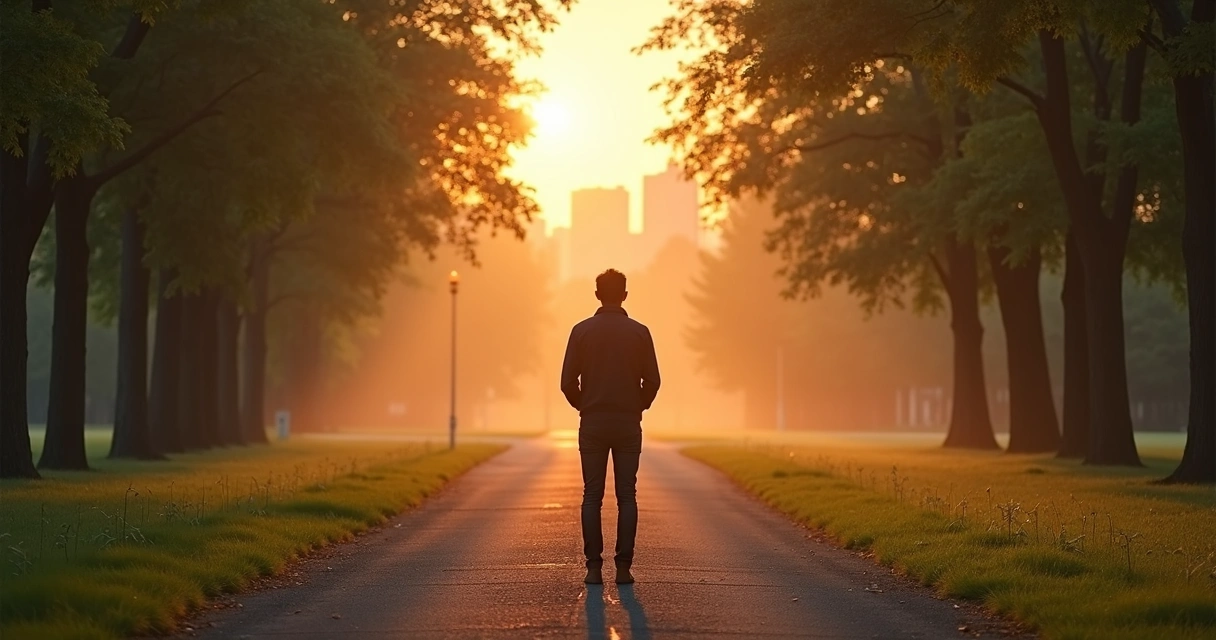 Pessoa diante de dois caminhos em parque ao amanhecer 