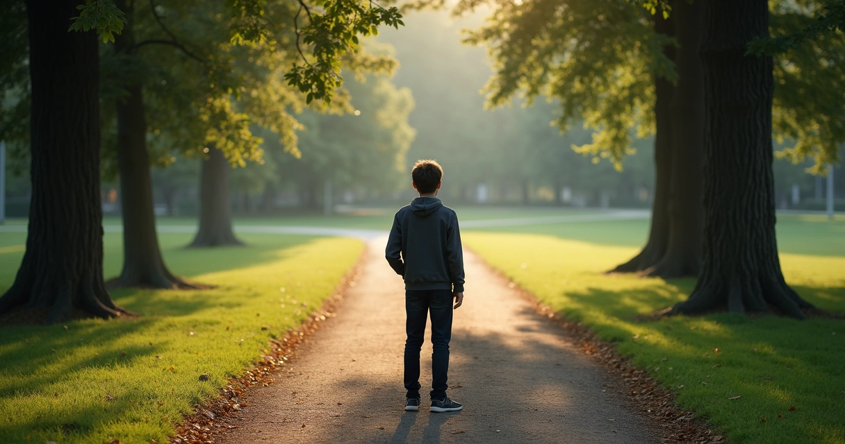 Pessoa diante de dois caminhos em ambiente sóbrio