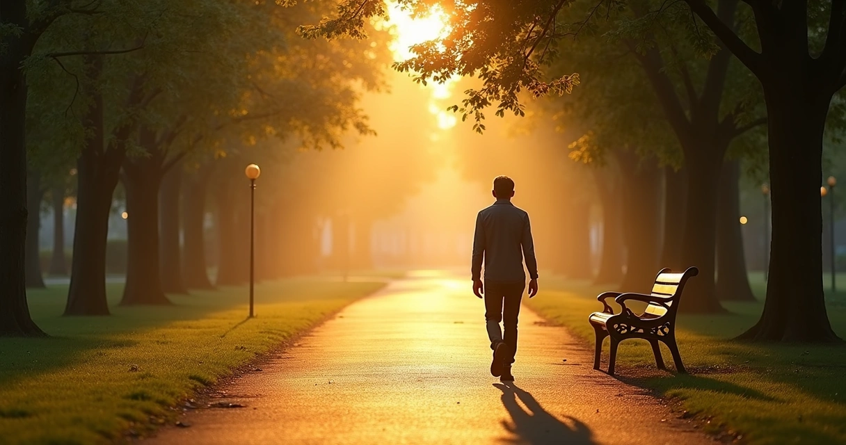 Pessoa caminhando em parque ao amanhecer com postura tranquila
