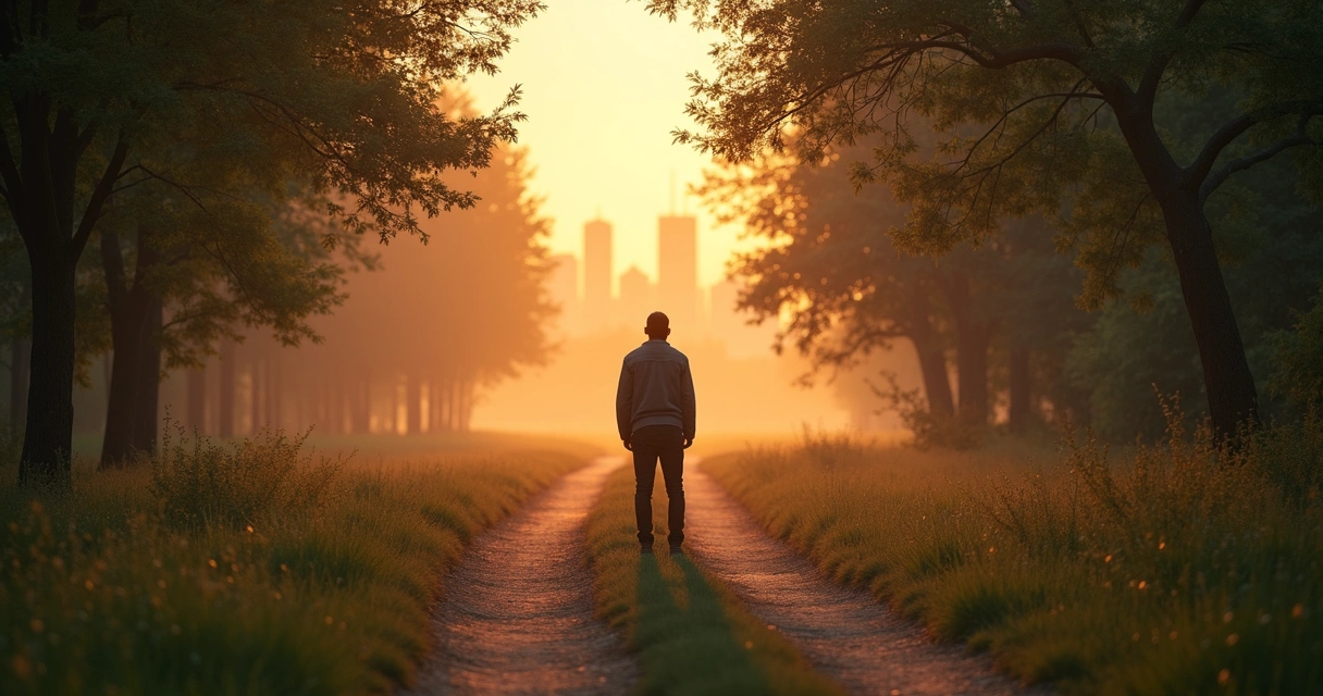 Pessoa em encruzilhada observando caminhos em amanhecer sereno 