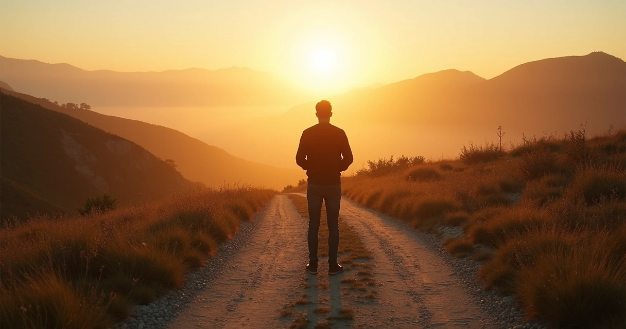 Pessoa parada diante de dois caminhos em ambiente natural ao amanhecer