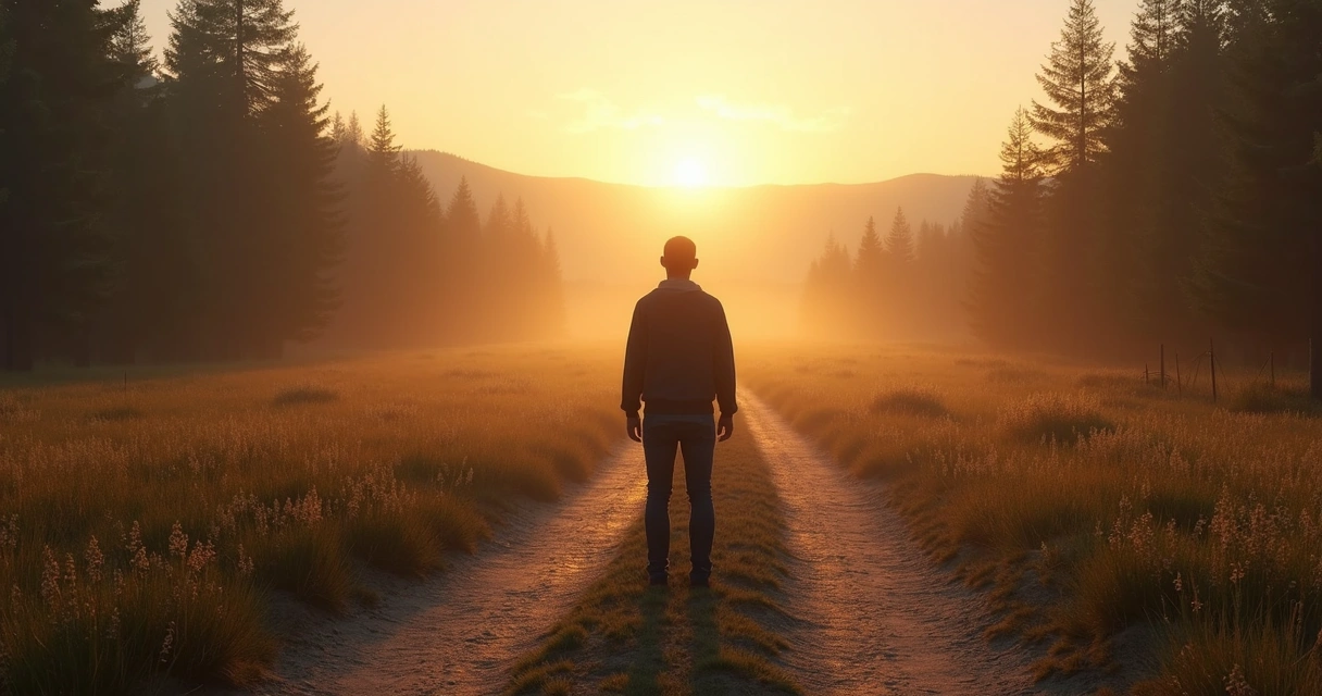 Pessoa observando dois caminhos em ambiente natural ao amanhecer