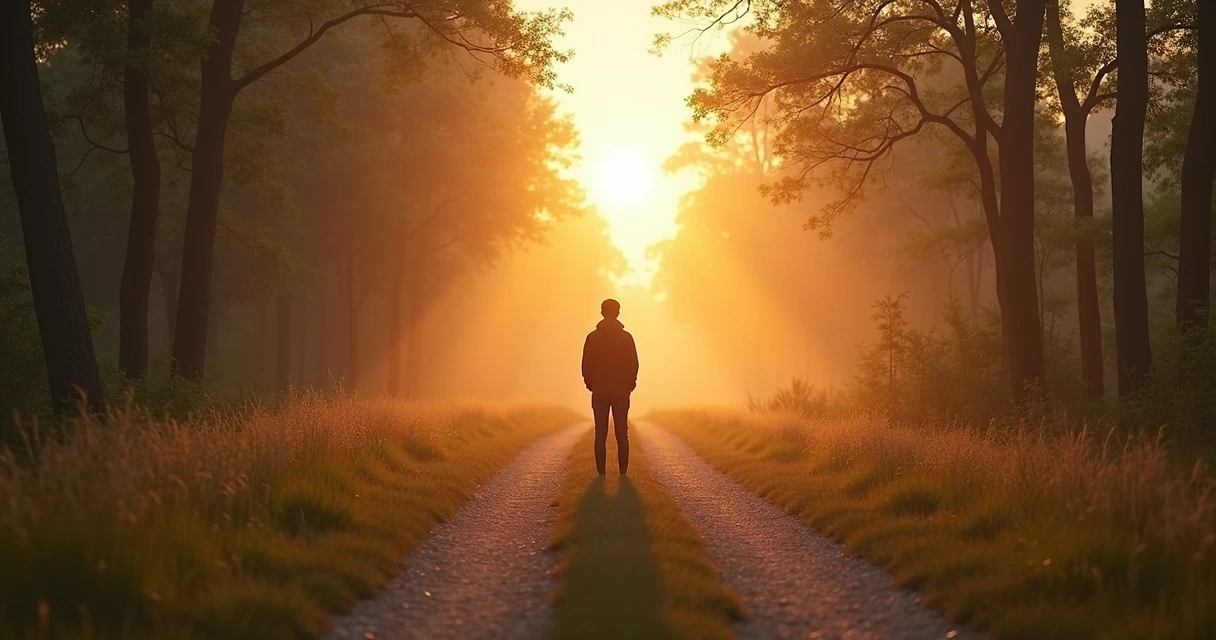 Pessoa em encruzilhada observando caminhos ao amanhecer