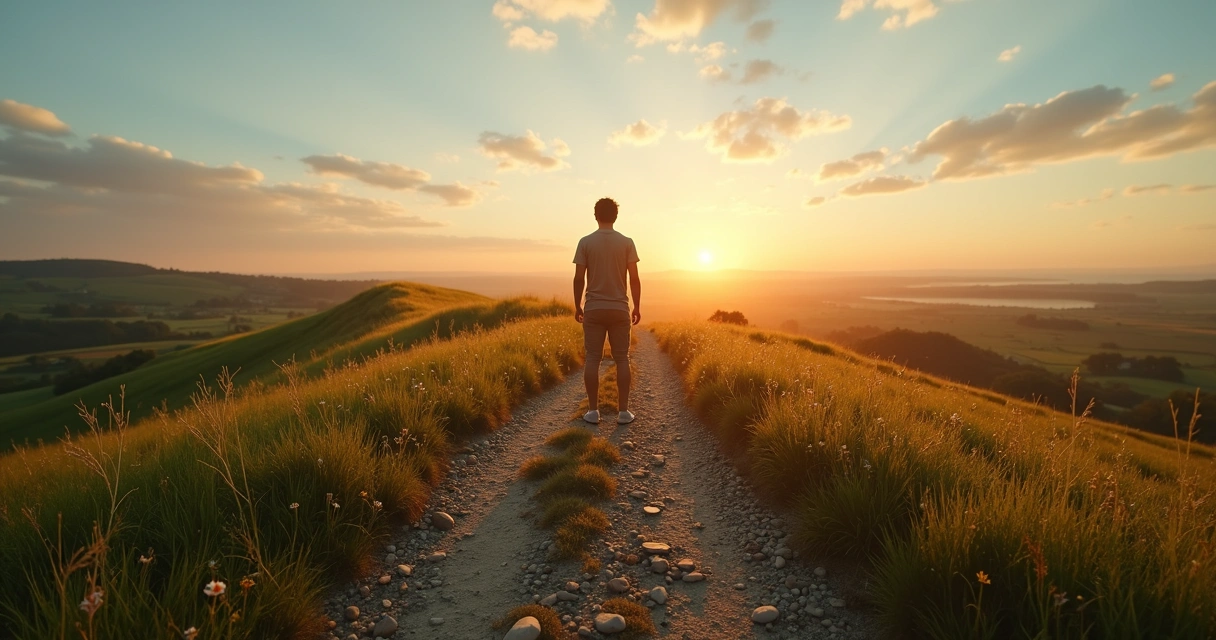 Pessoa caminhando em bifurcação de estrada ao nascer do sol 