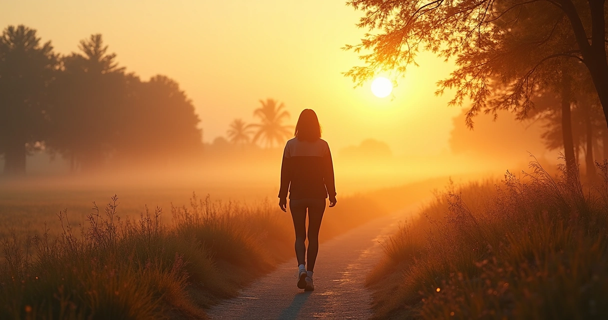 Pessoa caminhando em trilha ao amanhecer em momento de reflexão 
