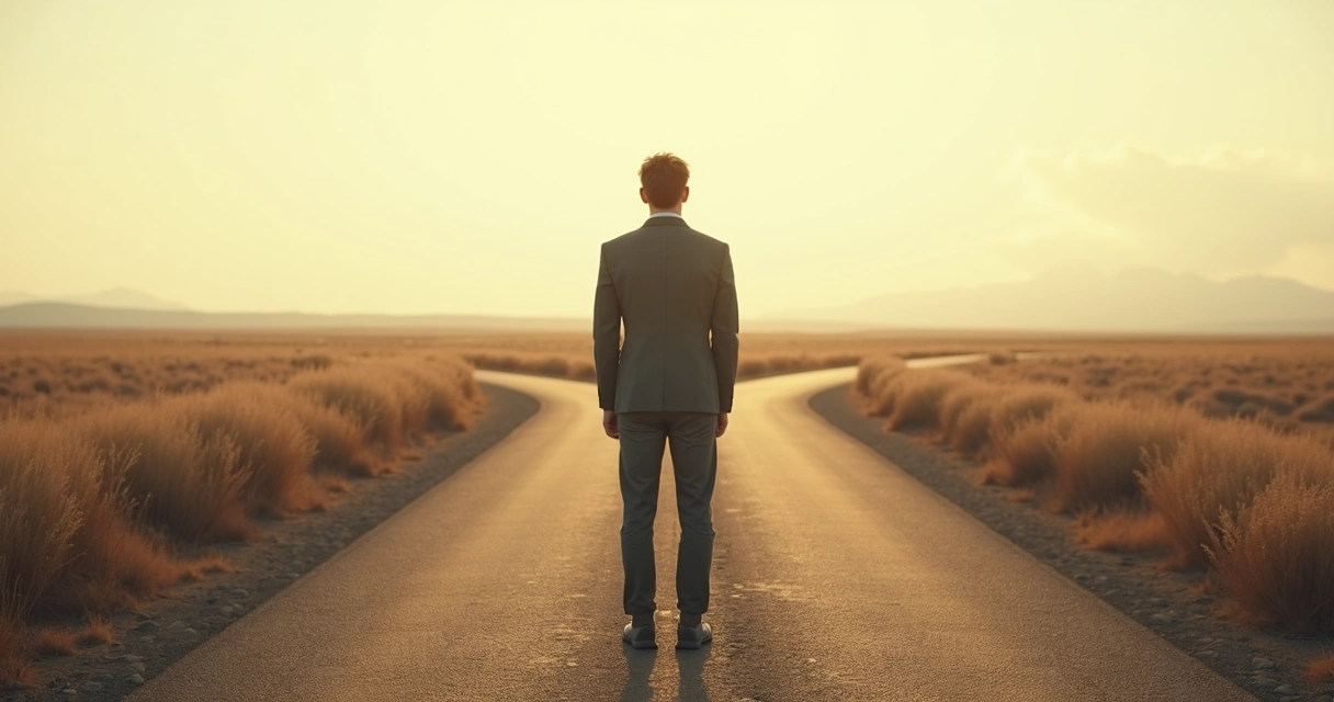 Pessoa diante de encruzilhada, olhando serenamente para as opções 