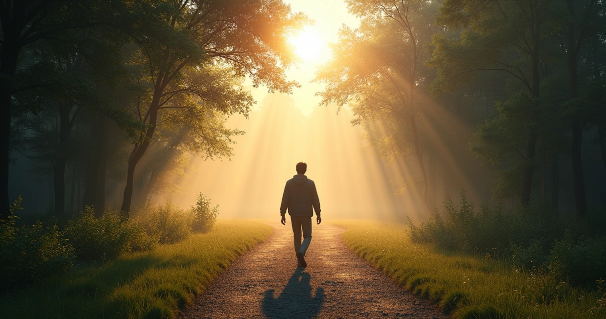 Pessoa de costas caminhando em bifurcação, ambiente natural 