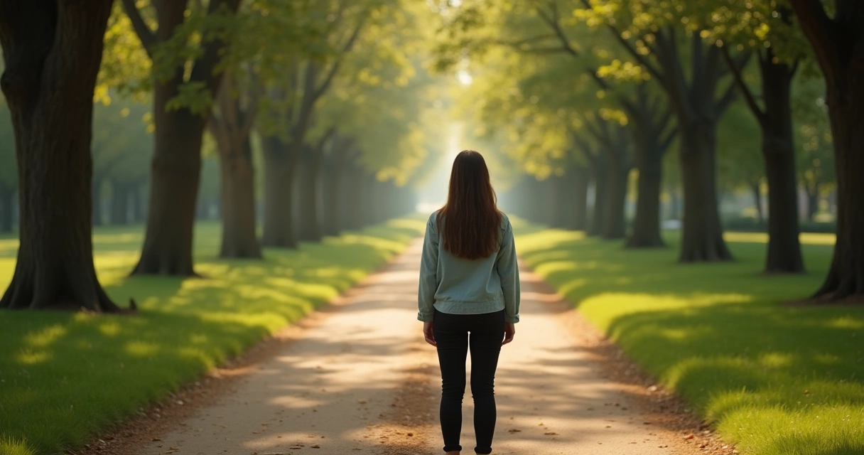Pessoa parada diante de dois caminhos em parque arborizado 