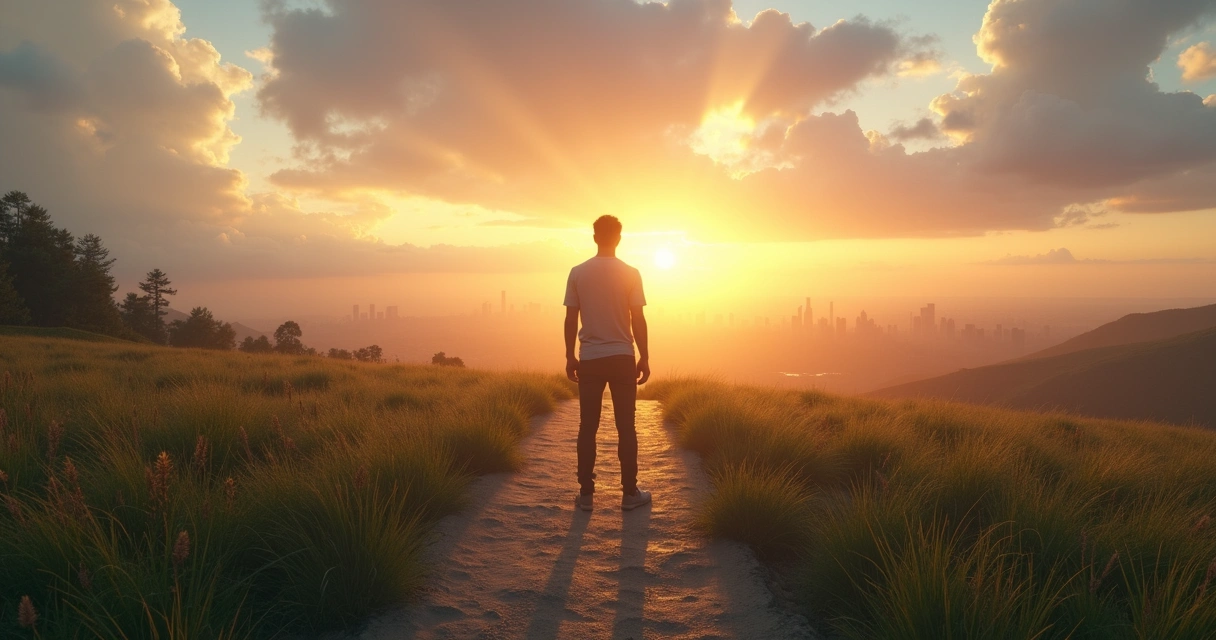 Pessoa em encruzilhada contemplando caminho iluminado ao nascer do sol 