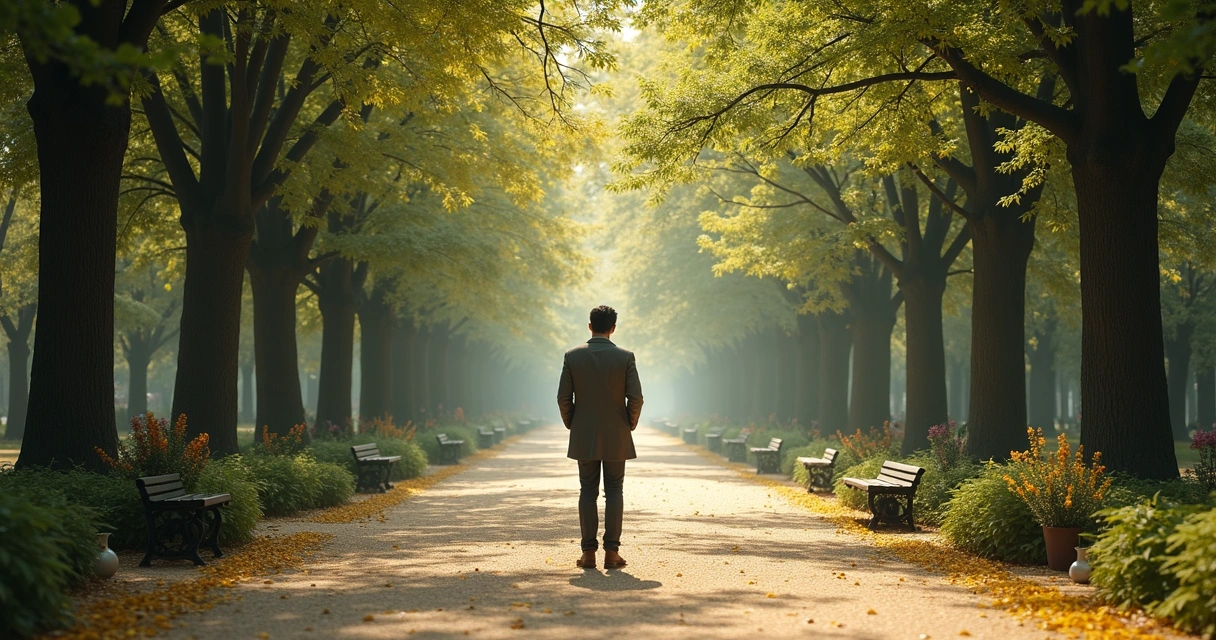Pessoa diante de vários caminhos em um parque arborizado, ponderando escolhas da vida.