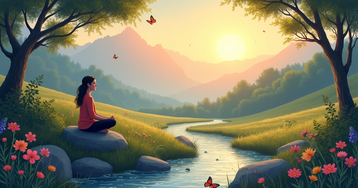 Pessoa meditando em uma paisagem serena ao amanhecer, simbolizando autoconhecimento e tranquilidade.