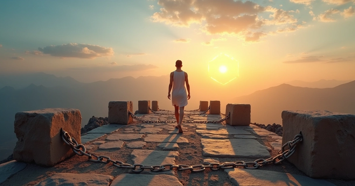 Pessoa caminhando em trilha entre pedras com correntes quebradas e horizonte iluminado 