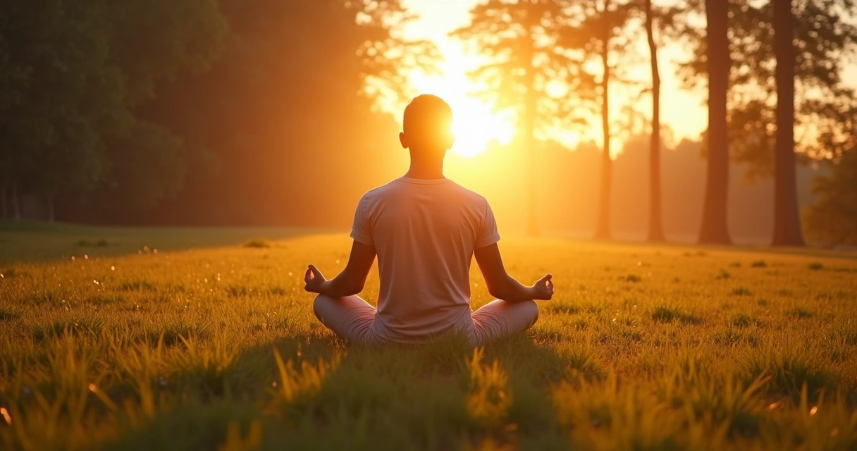 Pessoa sentada ao ar livre em meditação, natureza ao fundo, sol nascendo entre árvores 