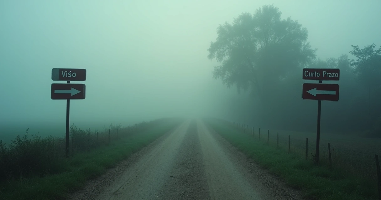 Rotas divergentes em cenário de neblina com placas estratégicas.
