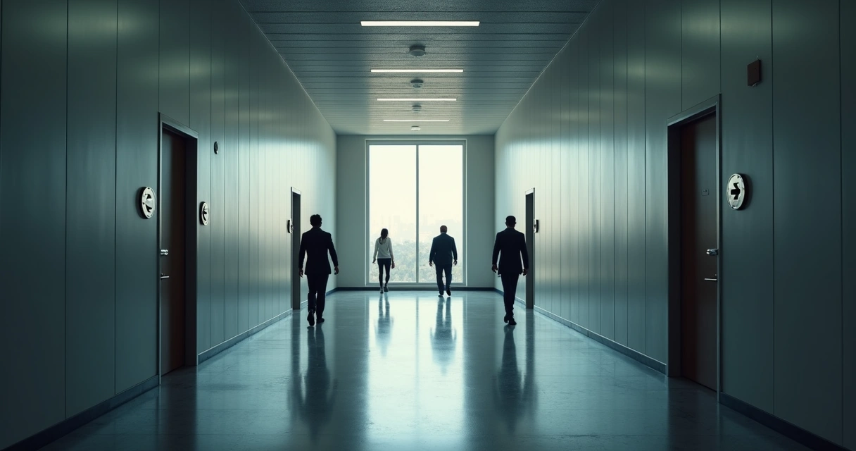 Corredor moderno de escritório com sinais sutis indicando diferentes escolhas e caminhos éticos