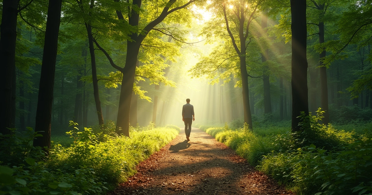 Pessoa caminhando em trilha arborizada, luz natural atravessando as árvores 
