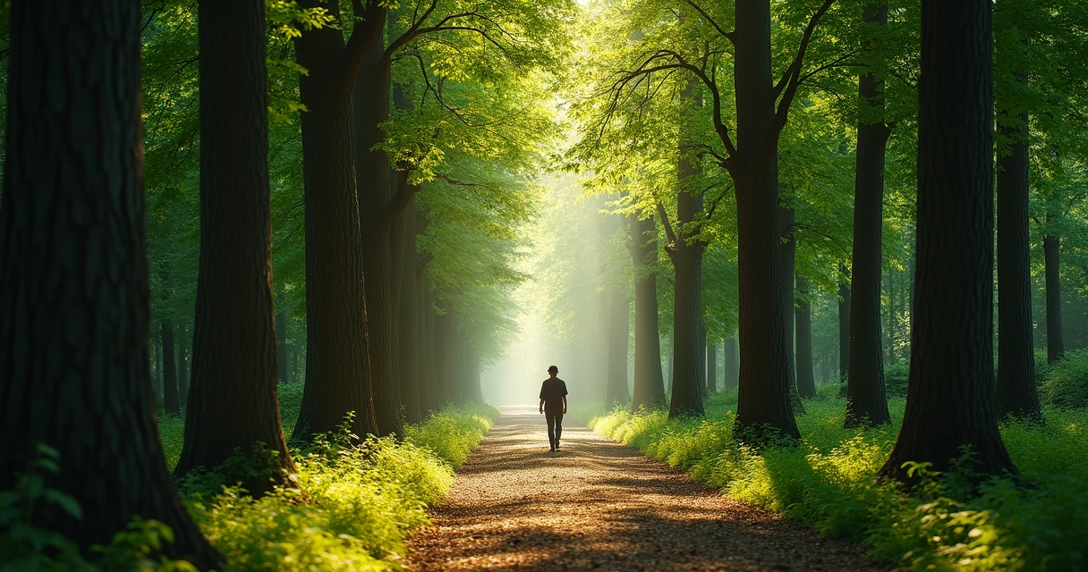 Pessoa caminhando por uma trilha entre árvores, luz suave ao fundo