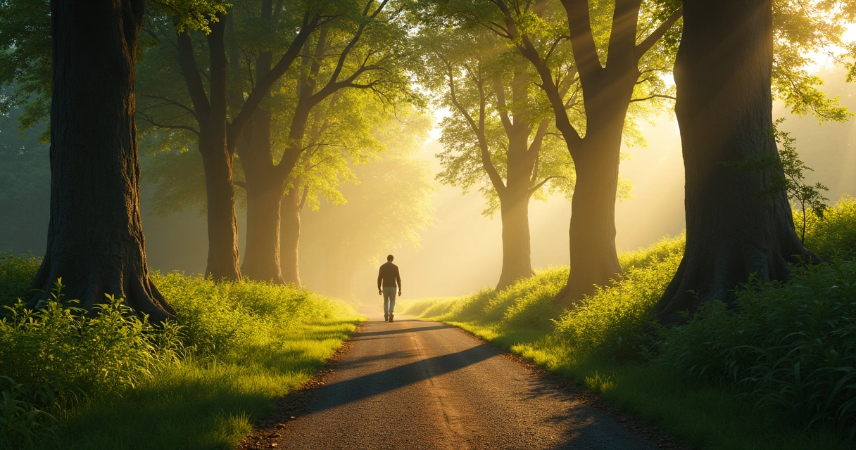 Pessoa caminhando em estrada cercada por árvores