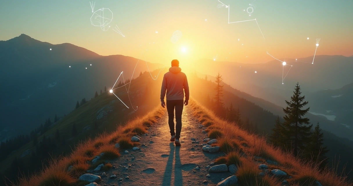 Pessoa caminhando em trilha que se divide em vários caminhos simbólicos 