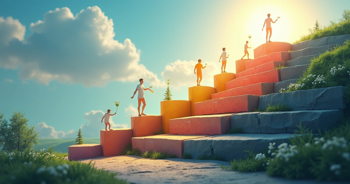 Sete etapas ilustradas em um caminho ascendente simbolizando progresso pessoal 