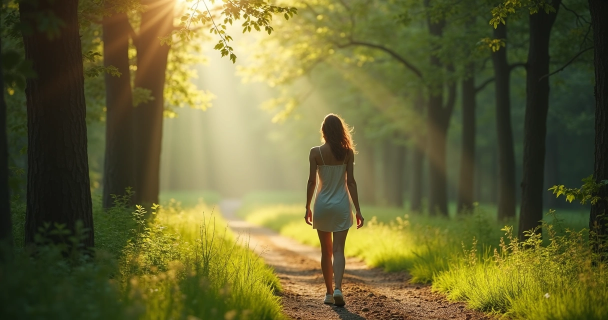 Pessoa caminhando sozinha por uma trilha numa floresta com luz suave 
