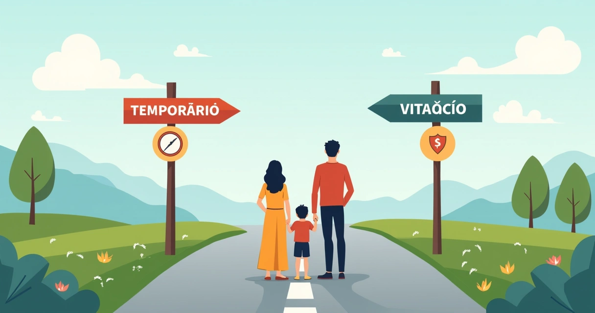 Família em bifurcação escolhendo caminhos de proteção financeira 