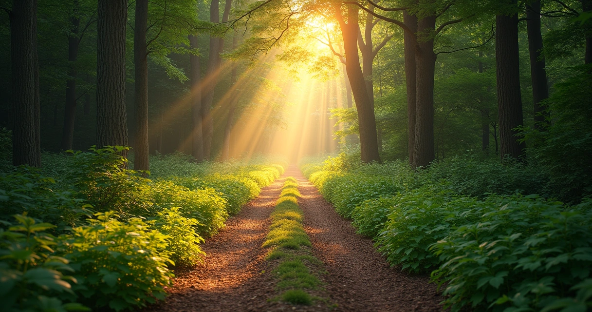 Trilha iluminada em floresta mostrando uma bifurcação de caminhos 