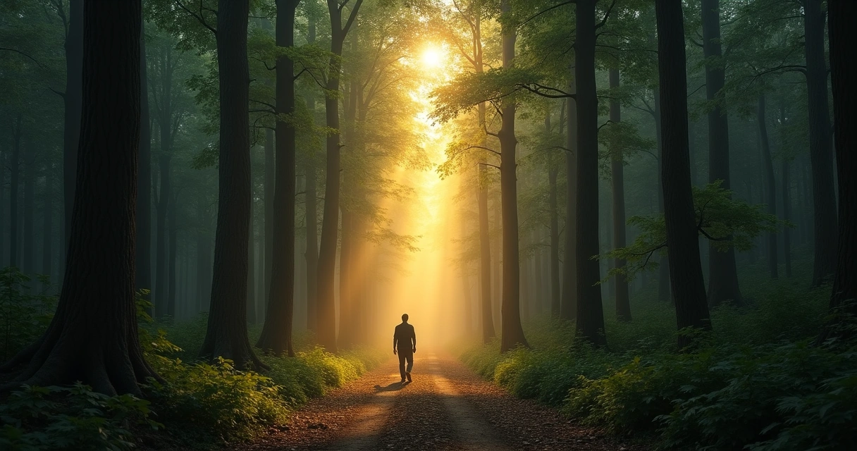 Pessoa caminhando sozinha em caminho iluminado por luz dourada em floresta densa 