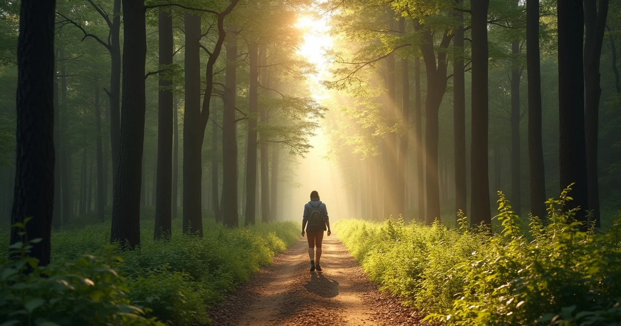 Trilha em floresta mostrando equilíbrio e conexão 