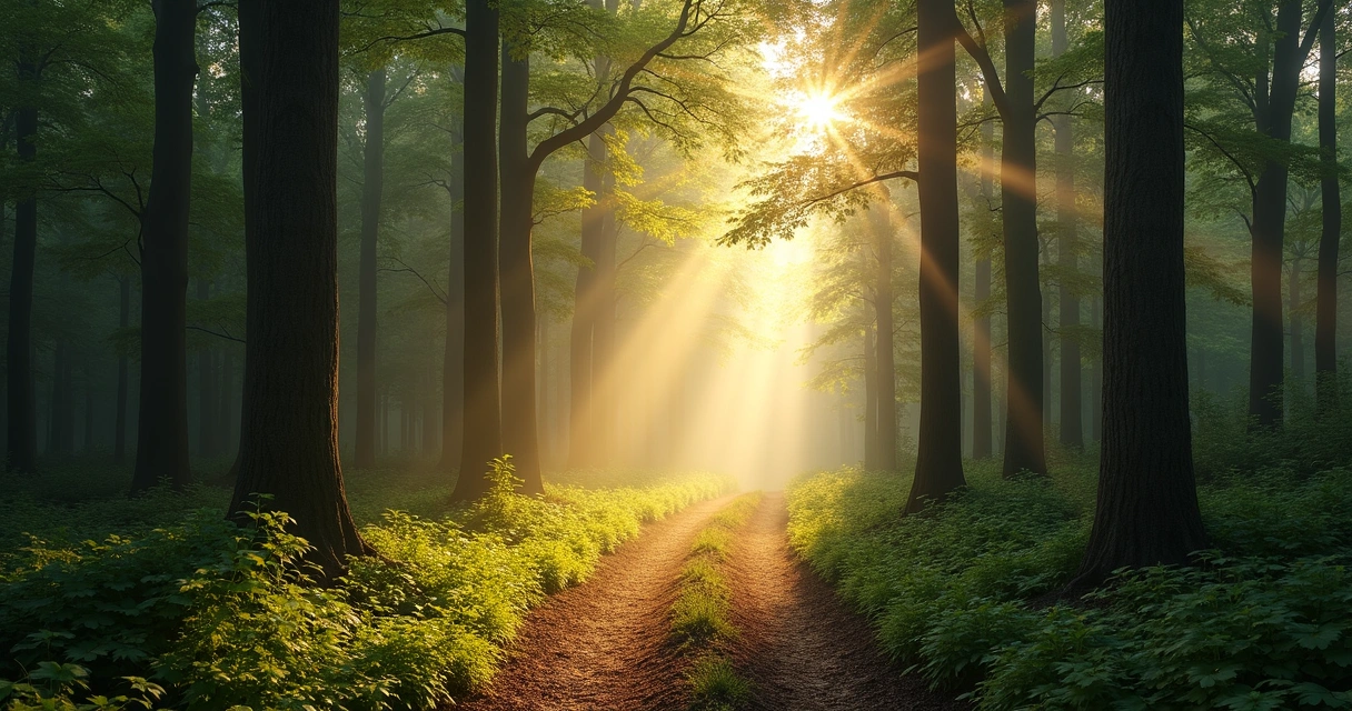 Caminho em floresta com luz atravessando as árvores 