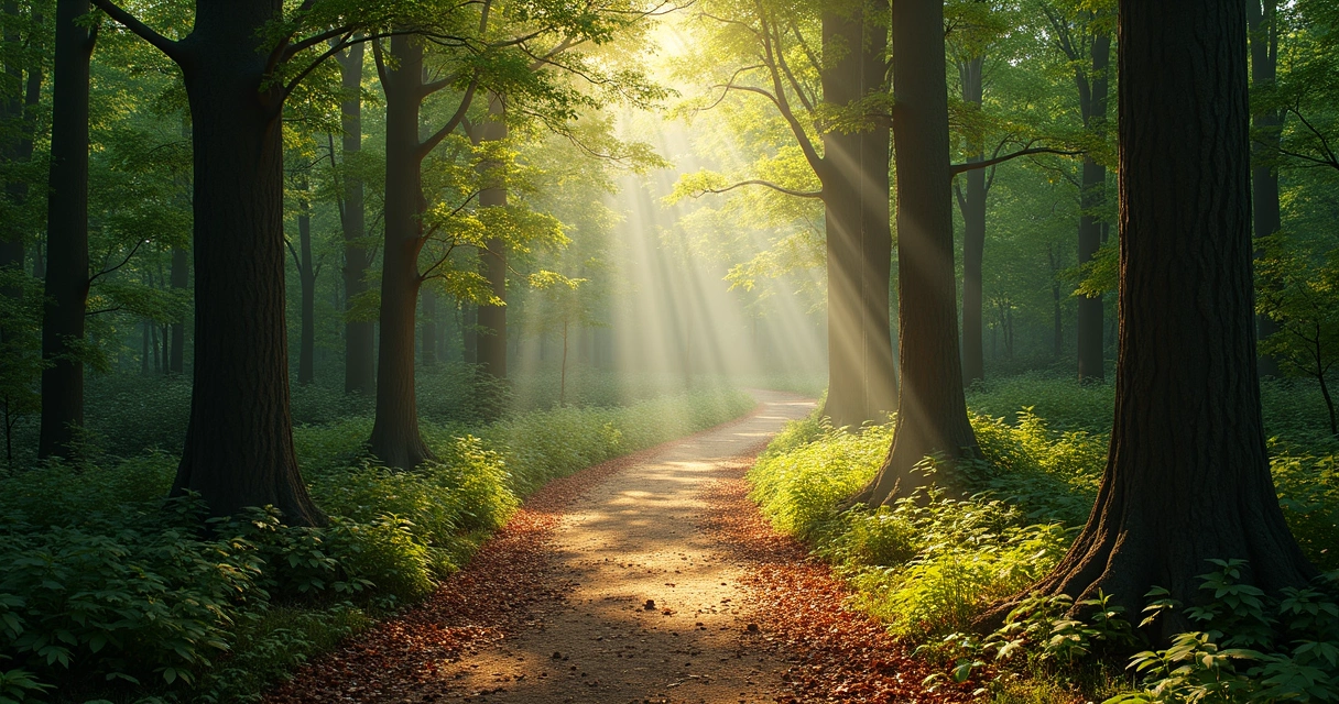 Caminho entre árvores em floresta com luz do sol ao fundo
